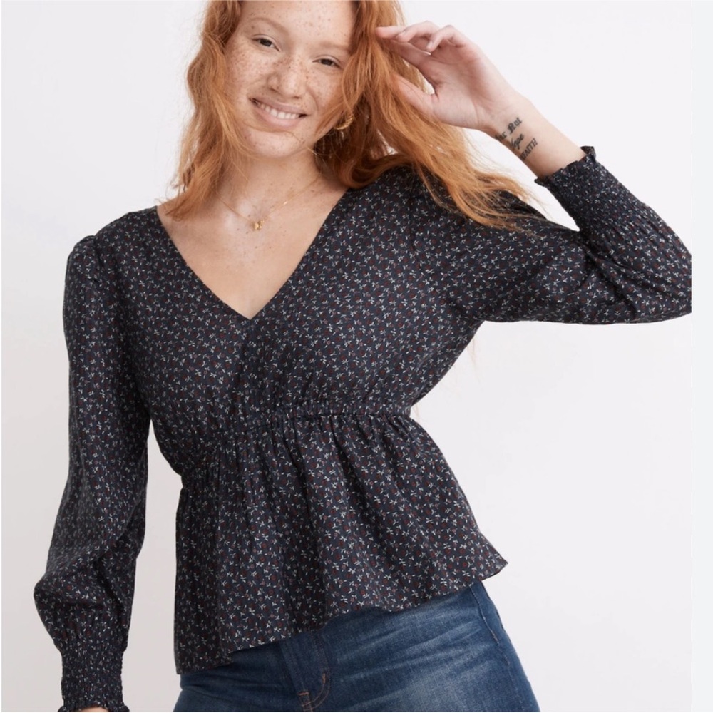 Madewell Floral Peplum Blouse – Long Sleeve V-Neck Top – Women’s